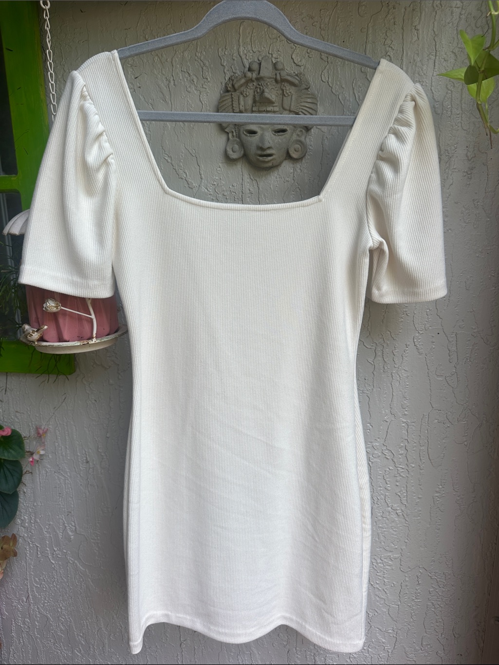 Club Monaco Cream Square-Neck Puff Sleeve Mini Dress